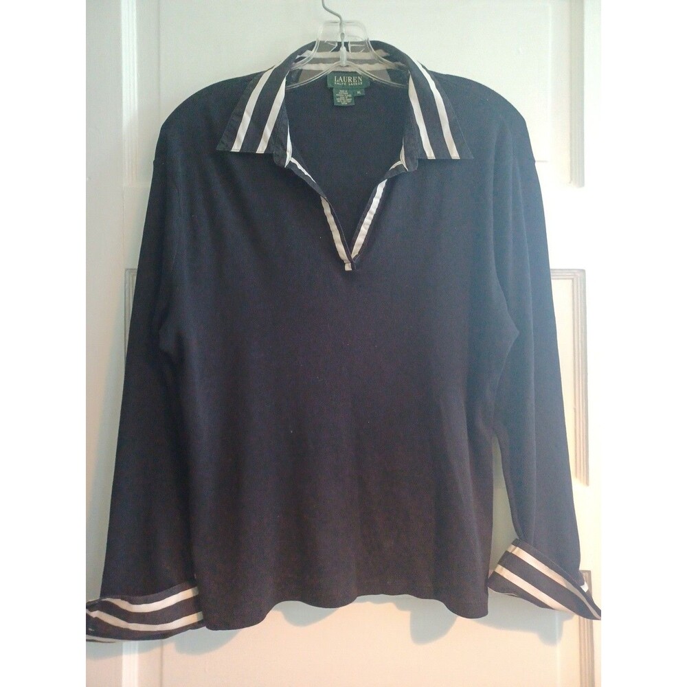LRL Ralph Lauren black knit pullover polo shirt XL tennis prep 80s retro top